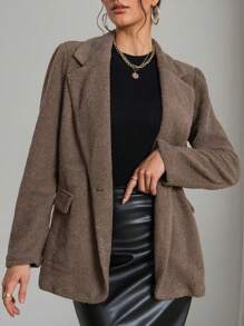 SHEIN Privé Women's Coffee Color Teddy Bear Fleece Long Sleeve Blazer - Coffee Brown - View 6