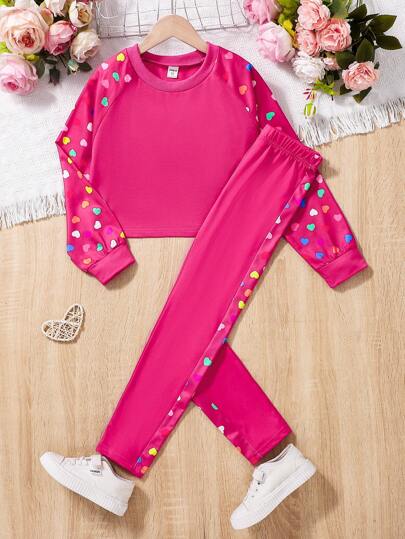 SHEIN Set de 2 piezas de sudadera + mallas con estampado de corazón y flores para niñas preadolescentes