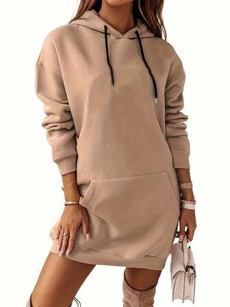 Casual Solid Color Drawstring Hooded Dress, Autumn/Winter