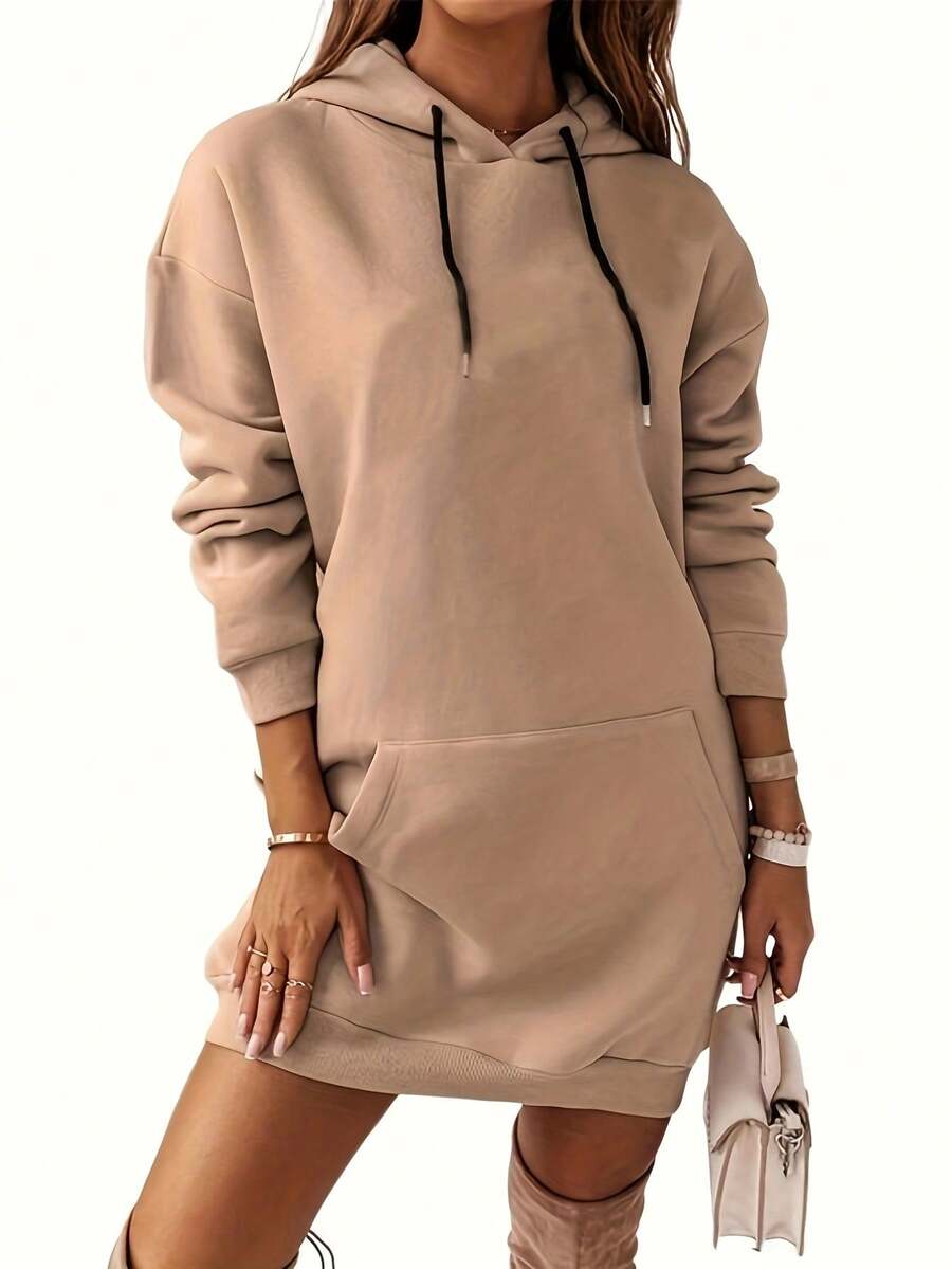 Casual Solid Color Drawstring Hooded Dress, Autumn/Winter - Khaki - View 1