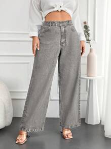 EURMUSE 100%Cotton Plus Zipper Fly Wide Leg Jeans - Grey - View 1