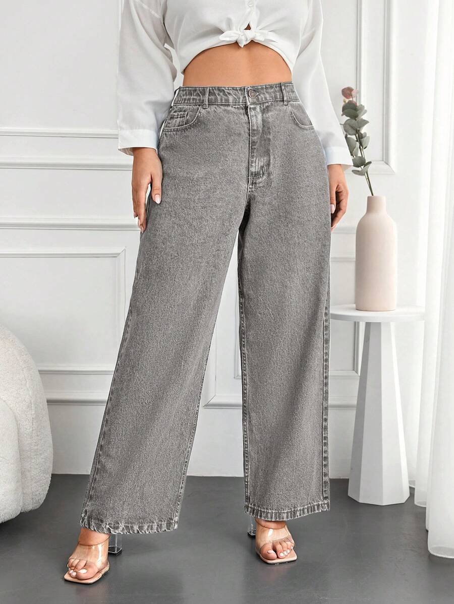 EURMUSE 100%Cotton Plus Zipper Fly Wide Leg Jeans - Grey - View 1