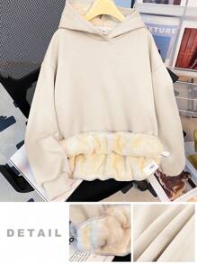 Teen Girl Solid Color Block White Casual Loose Fit Sweatshirt, In Fall/Winter - Apricot - View 7