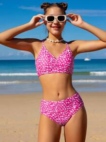Teen Girls' Ditsy Floral Casual Bikini Set For Beach Resort, Random Print