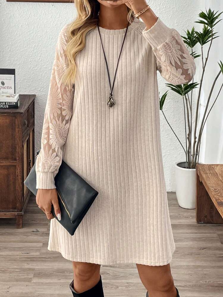 Women Casual Solid Color Jacquard Patchwork Short Mini Dress, Autumn