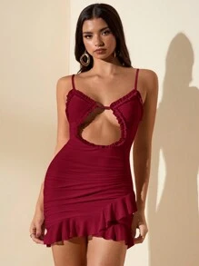 SHEIN BAE 夏季甜美性感优雅纯粉色无袖连衣裙，多层褶边，镂空领口，不均匀褶边下摆，女士 - 酒紅色 - 查看 6