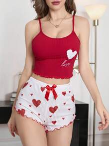 Conjunto de pijama de camiseta y shorts con forma de corazón y decoración de lazo, ajustado