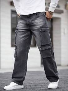 Manfinity LEGND Men's Solid Color Multi-Pocket Casual Streetwear Cargo Jeans