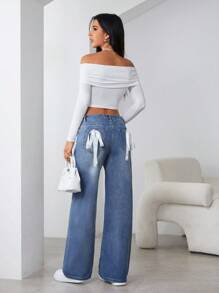 SHEIN Essnce Jeans de mujer de moda casual de cintura alta, pierna ancha y efecto desgastado con nudo - Azul lavado oscuro - Ver 1