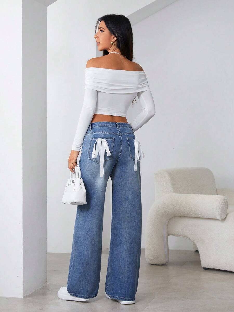 SHEIN Essnce Jeans de mujer de moda casual de cintura alta, pierna ancha y efecto desgastado con nudo - Azul lavado oscuro - Ver 1