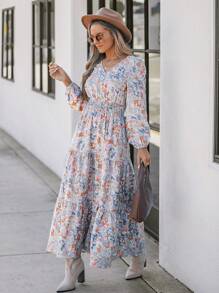 Wildy Women's Casual V-Neck Ditsy Floral Dress, Light Grey,Long Sleeve Dress - Multicolor - View 6