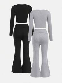 SHEIN Girlism 2 件 Tween 女童休闲圆领 T 恤和裤子套装 - 彩色 - 查看 2