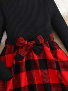 SHEIN Conjunto de 2 piezas para niña preadolescente: Top de manga larga acanalado negro y falda a cuadros rojos con lazo, adecuado para Navidad, Año Nuevo, vuelta al colegio, uso casual - Negro - Ver 6