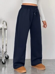 SHEIN EZwear Pantalón de chándal de talle alto, suelto y recto con nudo delantero en color liso para tallas grandes