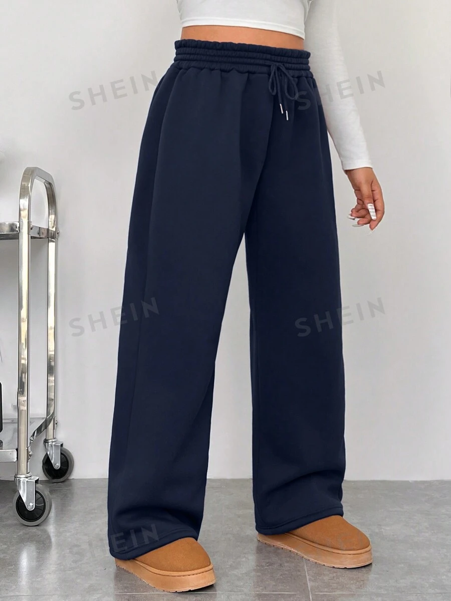 SHEIN EZwear Pantalón de chándal de talle alto, suelto y recto con nudo delantero en color liso para tallas grandes