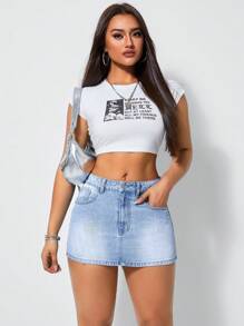 SHEIN Tall Women's Front Button Pocket Casual Denim Mini Skirt - Light Wash - View 6