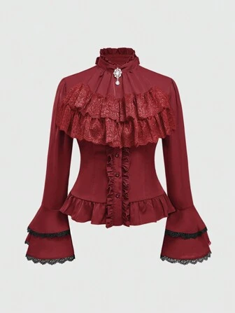 Goth Camisa para mujer de talla grande con estilo gótico vintage, cuello desmontable con volantes y lazo, colgante de cristal barroco, mangas acampanadas y cintura entallada