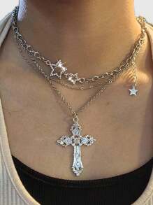 ROMWE Goth 2 piezas Collar con colgante de estrella con estilo vintage punk de strass, collar de cadena con doble capa de estrella enchapada de lujo, choker de ropa urbana