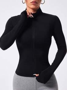 Easithlete Chaqueta básica de mujer con cremallera delantera de manga larga para entrenamiento y yoga - Negro - Ver 2