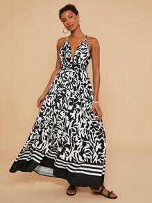 Travachic Floral Print Gathered Front Deep V-Neck Dress For Women, Autumn - Black - View 5