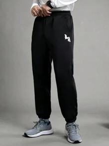 Manfinity Sport Corelite Boyfriend Style Men's Letter Patch Pocket Casual Sports Pants Sweat Pants - Black - View 3