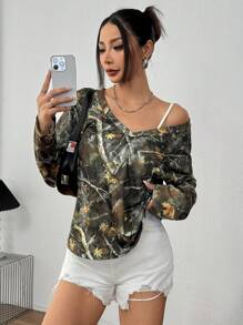 INAWLY Damen V-Ausschnitt Langarm Loose Lässig Allover Bedruckter Sweatshirt, Täglicher Pullover Herbst