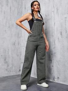 SHEIN EZwear 纯色口袋粗肩带休闲百搭无袖牛仔连体裤 - 灰色 - 查看 5