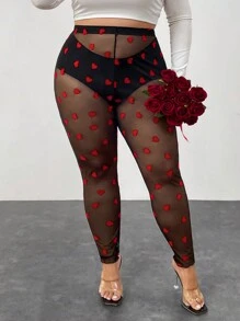 SHEIN CURVE+ Plus Size Women's See Through Heart-Shaped Pattern Tight Leggings, Sexy Valentine's Day Style, Suitable For Dating