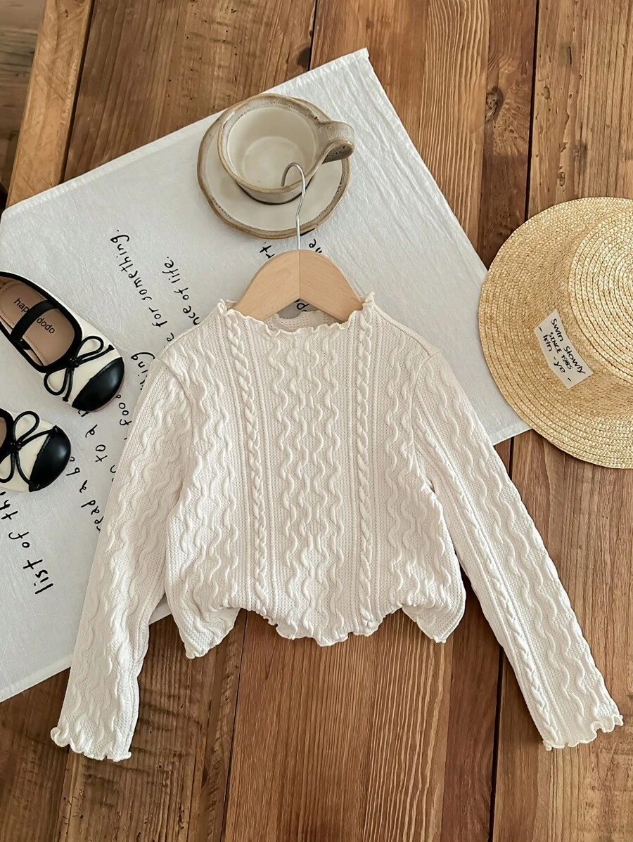 SHEIN LMoss Kids Áo len cổ tròn dài tay LMoss Casual Versatile dành cho bé gái, họa tiết kết cấu tinh tế - trắng - Xem 1