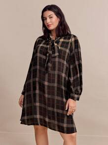 SHEIN Clasi Plus-Size Elegant Women's Autumn Plaid Long-Sleeve Belted Loose A-Line Dress,Autumn - Multicolor - View 1