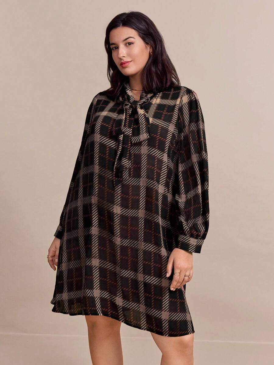 SHEIN Clasi Plus-Size Elegant Women's Autumn Plaid Long-Sleeve Belted Loose A-Line Dress,Autumn - Multicolor - View 1