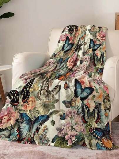 1pc Retro Flannel Blanket, Mysterious Butterfly & Floral Pattern Decorative Plush Throw Blanket, Suitable For All Seasons, Great For Sofa, Bedroom, Office, Travel, Camping, Bedding, An Ideal Gift For Loved Ones And Friends,Fall Decor,Autumn Decor,Room Decor