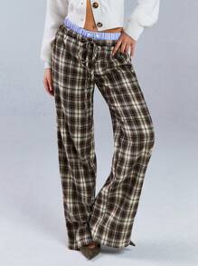 Athîral 女士格子拼接系带简约休闲格纹印花长裤，日常穿着 - 杏色 - 查看 1