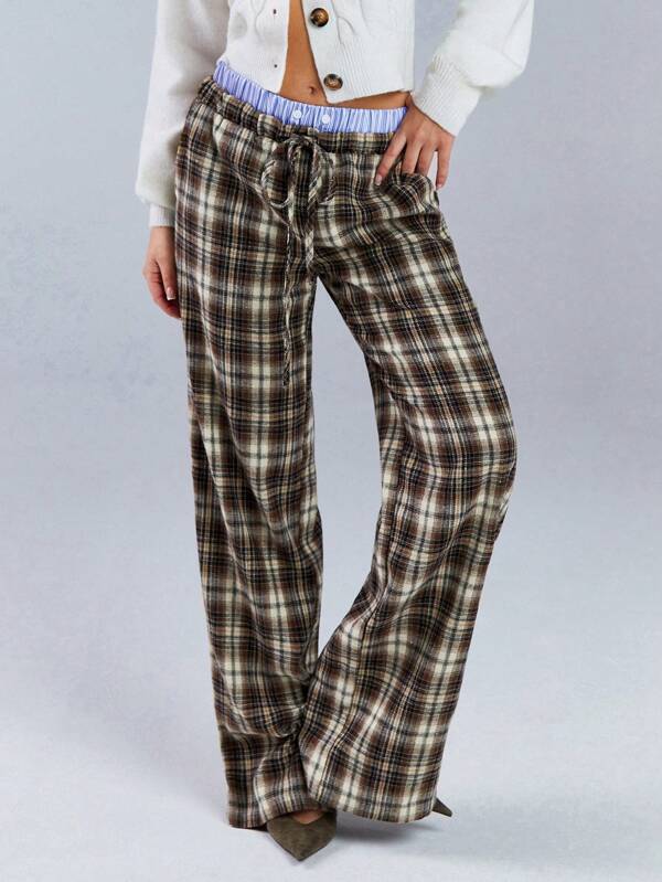 Athîral Women Plaid Patchwork Lace-Up Simple Casual Check Print Long Pants, Daily Wear