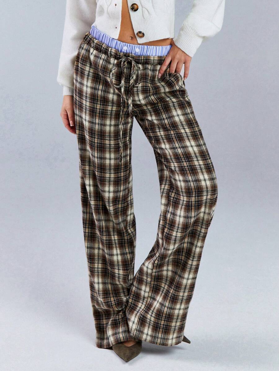 Athîral 女士格子拼接系带简约休闲格纹印花长裤，日常穿着 - 杏色 - 查看 1