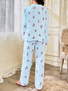 CottageSlumber Floral Print Plush Hooded Top And Long Pants Women Pajama Set - Baby Blue - View 2