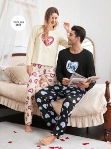 Manfinity Conjunto de pijama para hombres con estampado de letras y corazones de manga larga