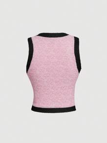 SHEIN MOD 撞色黑色镶边粉色修身短款女式背心 - 彩色 - 查看 2