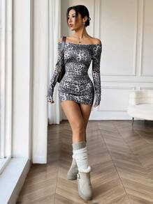 Muchica Women's Leopard Print Mini Bodycon Off-Shoulder Long Sleeve Dress