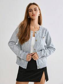 Enchnt Áo len cardigan dài tay đơn sắc cài nút phía trước dành cho nữ - Màu xanh lam - Xem 1