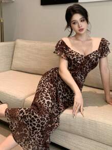 DAZY 100% Chiffon Leopard Print Ruffle Patchwork Women Short Sleeve Dress Summer Sundress Vacation Outfits Women - Brown - View 11