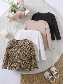 SHEIN Leap Crew 女婴针织纯色豹纹长袖休闲四件套 - 彩色 - 查看 2