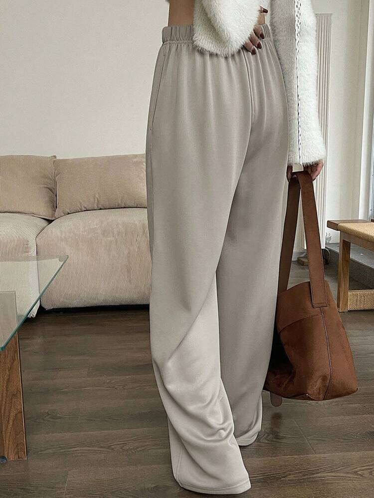 Women's Solid Color Straight Elastic Waist Pockets Casual Sports Pants, Summer Sweatpants