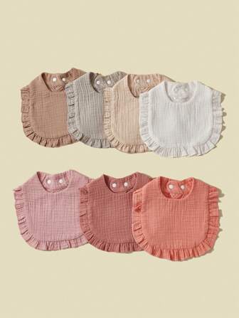7pcs/Set Baby Bibs With Lace Trim, Pure Cotton Soft Fabric, Solid Colors In Pink Tones