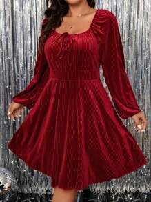 SHEIN Clasi Đầm dự tiệc Giáng sinh tay đèn lồng buộc nơ nhung đỏ cỡ lớn cho nữ, trang phục mùa thu màu đỏ tía cho nữ - Màu Đỏ Sâu - Xem 5