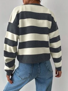 EURMUSE Women's Casual Everyday Contrast Color Striped Front Button Cardigan, Autumn/Winter - Dark Grey - View 2