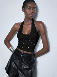 Maija Damska czarna bluzka bez rękawów z dekoltem w kształcie litery U i diamentowym zdobieniem, prosta i elegancka, uniwersalna do noszenia na co dzień/do pracy, odpowiednia na co dzień, do pracy i na wakacje na plaży