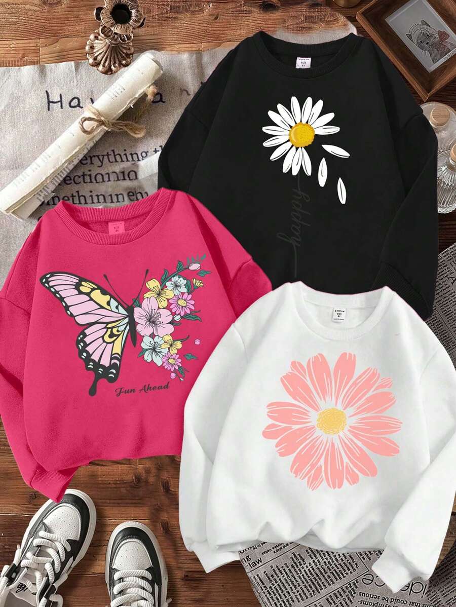 SHEIN Leap Crew Bộ 3 chiếc áo nỉ dày cổ tròn lót nhiệt đơn giản thoải mái cho bé gái tuổi teen, phù hợp cho mùa thu/đông - Nhiều màu - Xem 1