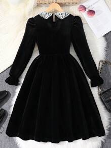 Sparklyn Tween Girl' Velvet Dress, Black With Embroidered Collar, Elegant & Fashionable Party Wear, Autumn/Winter, Cute Color-Block Collar Applique,Holiday,Summer,Travel - Black - View 2