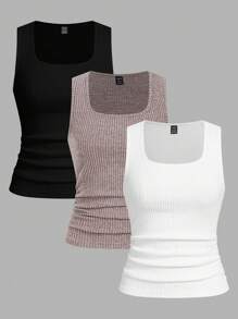 SHEIN LUNE Women's 3pcs Casual Solid Color Fitted Women's Tank Top Set Versatile Fleece Tank Top Basic Tube Tops Women - Multicolor - View 3